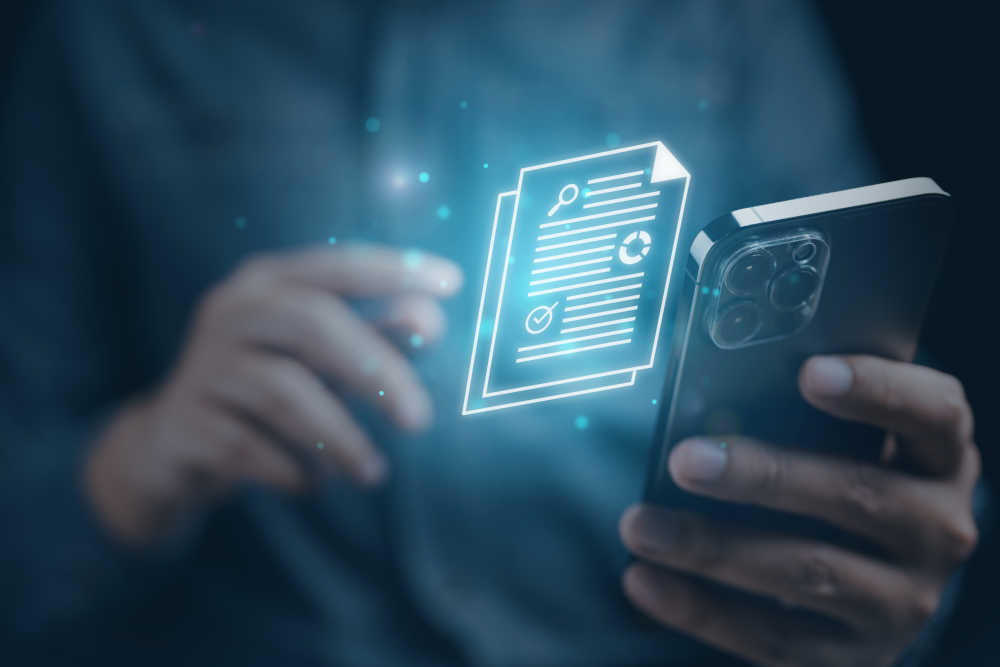 document paper icon showing on smartphone technology virtual screen